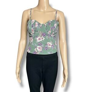 Blush BJ Womens Crop Top Floral Print Pleated Underwire Cutout Back Green Small